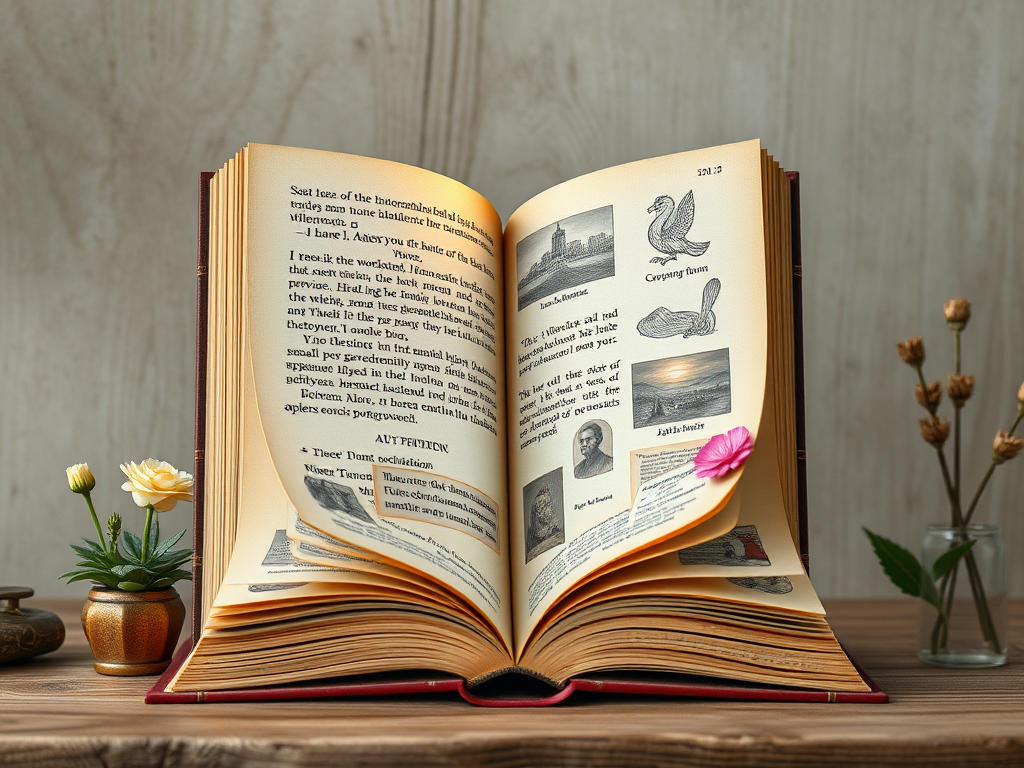 Открытая книга с текстом и изображениями на страницах, окружённая цветами на столе.
