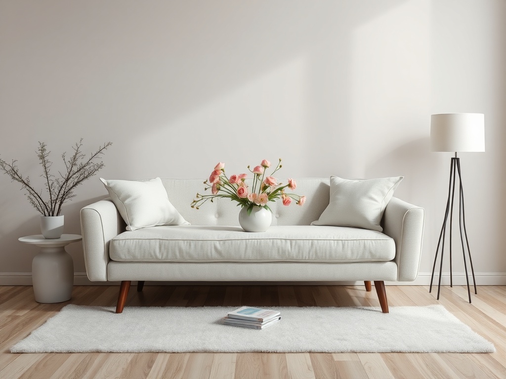 Современный интерьер: белый диван с подушками, ваза с цветами и лампа на стойке на фоне светлой стены.