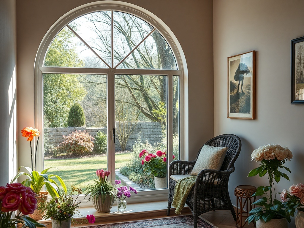 Уютный уголок с креслом и цветами у большого окна, открывающего вид на сад и природу.