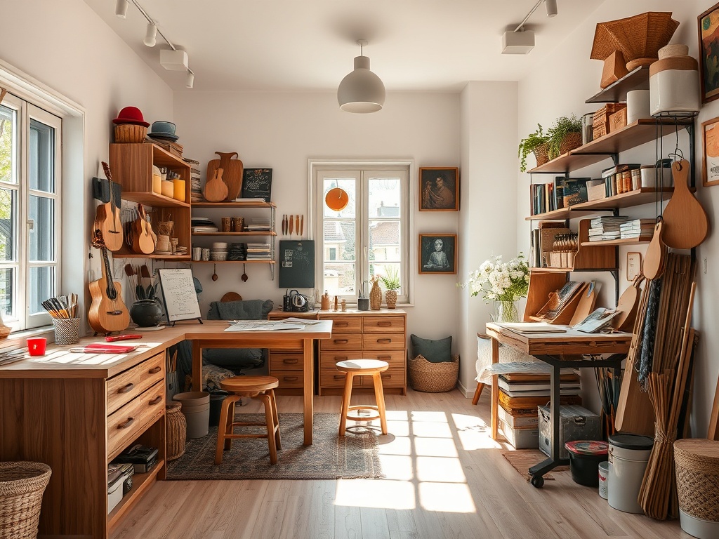 Уютный кабинет с деревянной мебелью, музыкальными инструментами и зеленью, наполненный светом и творческой атмосферой.