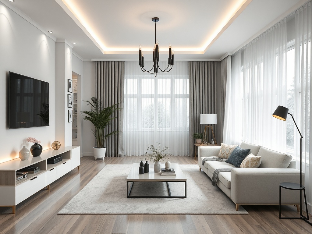 Современная гостиная с светлым декором, растениями и уютной мебелью, большой окном и стильной люстрой.