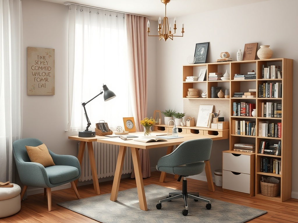 Современный офис с деревянным столом, стеллажом с книгами и уютным креслом. Светлый и стильный интерьер.