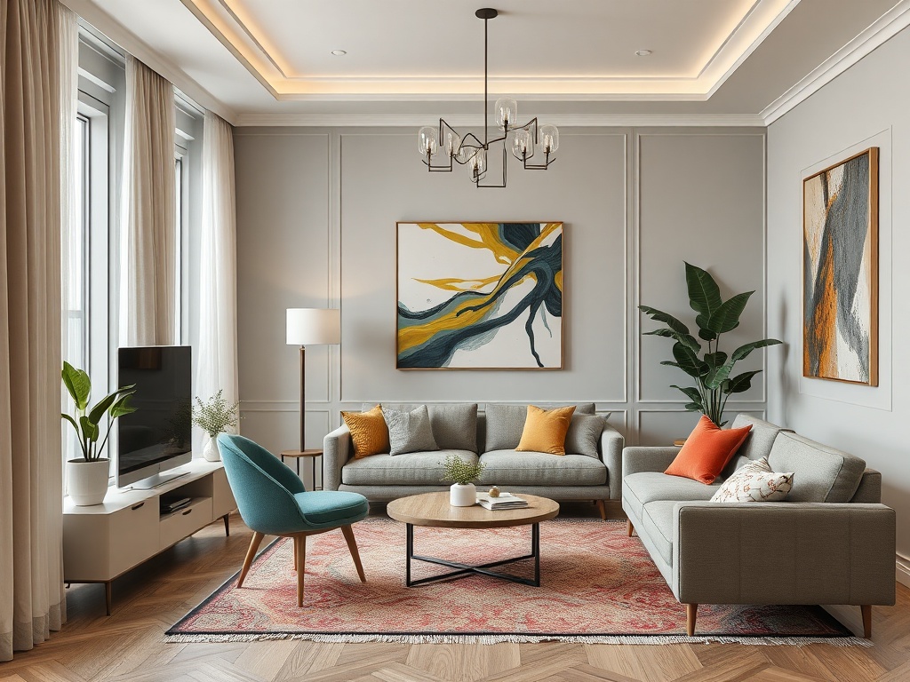 Современная гостиная с мягкой мебелью, яркими подушками и растениями, украшенная художественными картинами.