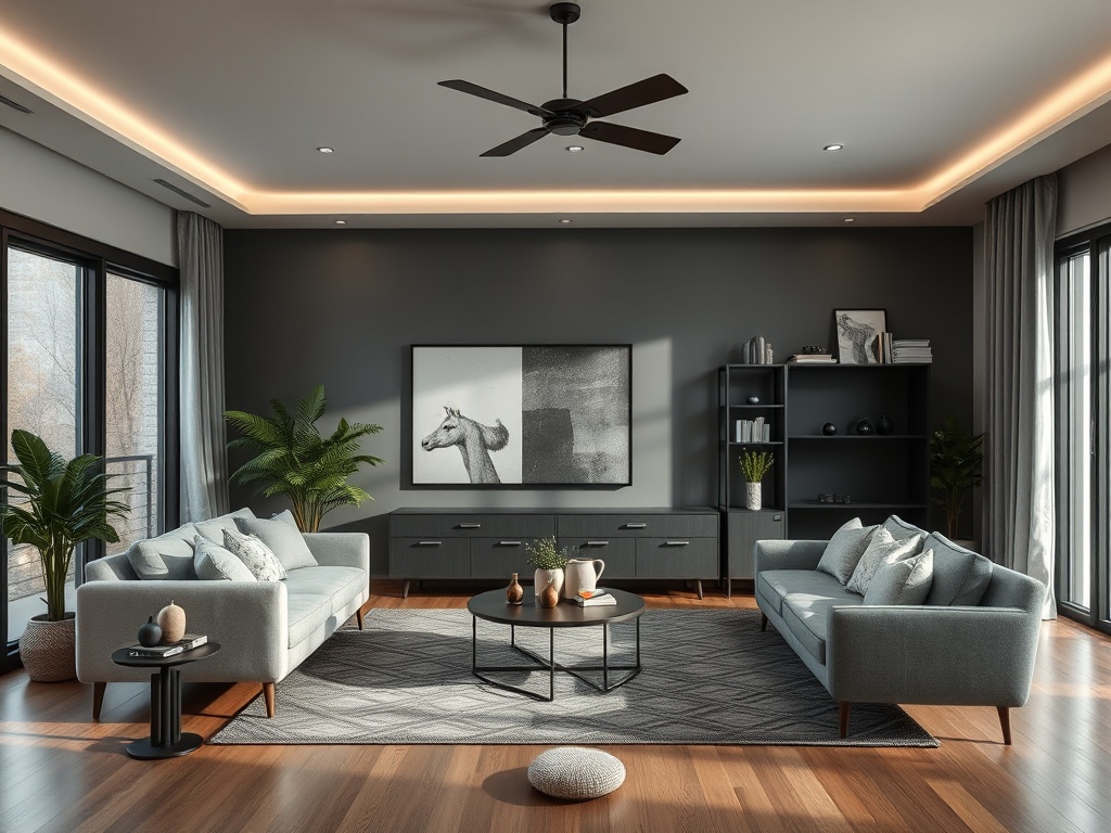 Современный интерьер гостиной с серыми диванами, черным шкафом и окнами, пропускающими естественный свет.