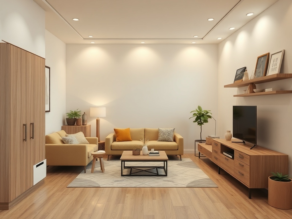 Современный интерьер гостиной с светлыми стенами, деревянной мебелью и комфортной обстановкой.